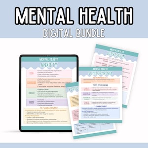 Peut inclure: Un ensemble numérique de ressources sur la santé mentale, comprenant des informations sur l'anxiété, la dépression et la schizophrénie. Les ressources sont présentées dans un format coloré et facile à lire.