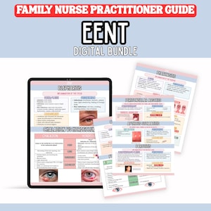 Può includere: Un pacchetto digitale per lo studio di infermieri di famiglia, con argomenti ORE (Orecchio, Occhio, Naso e Gola). L'immagine mostra un tablet e diverse pagine stampate con informazioni mediche.