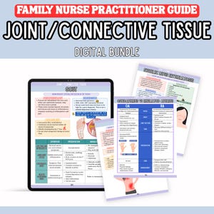 Puede incluir: Un paquete digital de guías de estudio para enfermeras practicantes familiares. La imagen presenta una tableta que muestra una guía de estudio sobre la gota, junto con folletos impresos sobre el lupus eritematoso sistémico y la osteoartritis versus la artritis reumatoide. El título dice "JOINT/CONNECTIVE TISSUE".