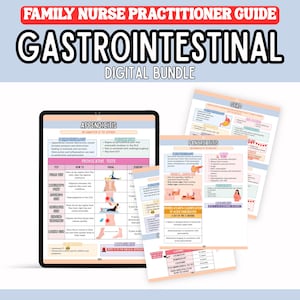 Puede incluir: Un paquete digital para enfermeras practicantes familiares, titulado "GASTROINTESTINAL". El paquete incluye una tableta que muestra información sobre apendicitis y varias páginas impresas que detallan la pancreatitis y el ERGE. El texto incluye terminología médica y diagramas.