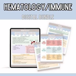 Può includere: Un pacchetto digitale di guide allo studio di ematologia e sistema immunitario. L'immagine mostra un tablet che mostra una guida allo studio dell'anemia falciforme, insieme a diverse guide stampate su argomenti come l'anemia e il cancro.
