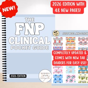 Könnte beinhalten: Ein hellblaues, spiralgebundenes Taschenbuch mit dem Titel "The FNP Clinical Pocket Guide" mit dem Text "2026 Edition". Enthält selbstklebende Registerkarten für eine einfache Anwendung. Der Leitfaden ist komplett aktualisiert mit 48 neuen Seiten.