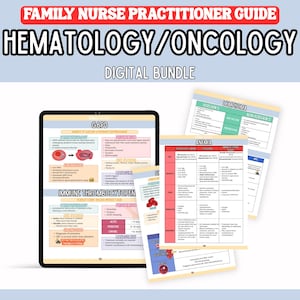 Puede incluir: Un paquete digital para estudiantes de enfermería familiar, con guías de hematología y oncología. La imagen muestra una tableta que muestra una presentación de G6PD y varias hojas impresas con información médica, incluidos detalles sobre anemia y linfoma.