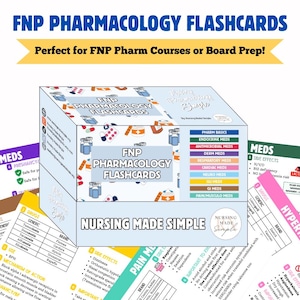 May include: A box of FNP Pharmacology Flashcards with the text "FNP Pharmacology Flashcards" and "Nursing Made Simple." The box is white with colorful labels for different medical topics. The image includes text about side effects and drug information.