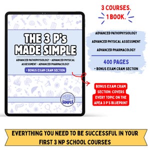 May include: A digital tablet displays a study guide titled The 3 P's Made Simple, covering Advanced Pathophysiology, Advanced Physical Assessment, and Advanced Pharmacology. It includes 400 pages and a bonus exam cram section for NP school.