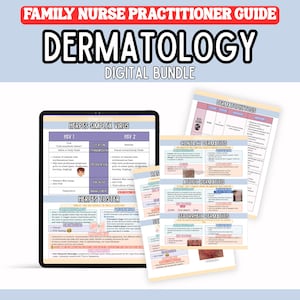 Könnte beinhalten: Ein digitales Bundle für das Dermatologie-Studium, mit einem Tablet, das Notizen zu Herpes Simplex Virus und Herpes Zoster anzeigt, sowie gedruckte Blätter zu Dermatophytose und anderen Hauterkrankungen. Der Titel lautet "Family Nurse Practitioner Guide Dermatology Digital Bundle."