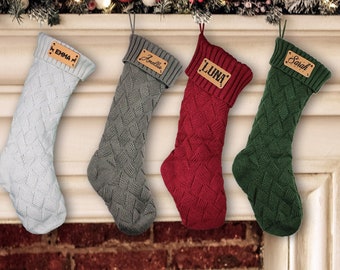 Custom Family Name Christmas Stockings ,Personalized Engraved Name Leather Knitted Christmas Stockings, Custom Christmas Family Gifts