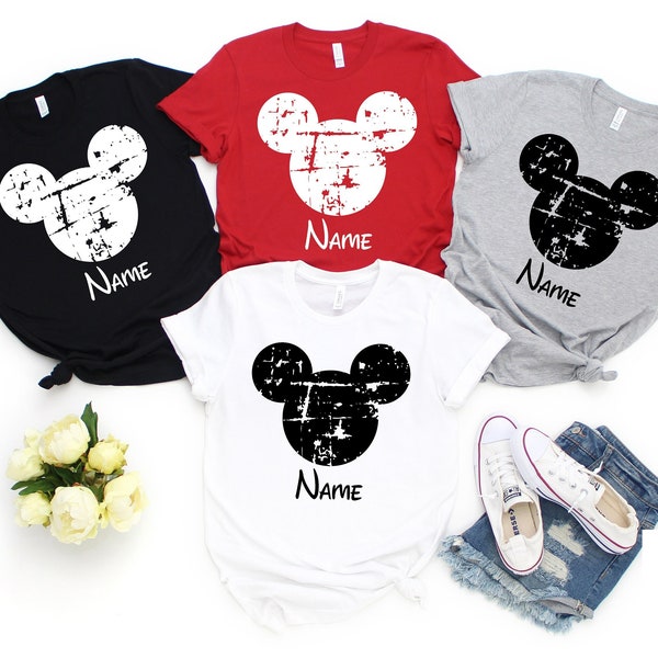 Retro Custom Disney Mickey Shirt With Name, Vintage Disney Family Matching Trip Shirts, Distressed Disney Mickey Mouse Head Vacation Shirt