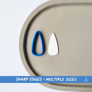 Puede incluir: Una plantilla de plástico azul en forma de lágrima con bordes afilados. La plantilla está sobre una superficie gris junto a un trozo de papel blanco en forma de lágrima. El texto "SHARP EDGES • MULTIPLE SIZES" está impreso en azul sobre fondo blanco.