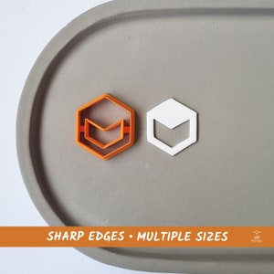 May include: Two 3D printed cookie cutters, one orange and one white, shaped like a hexagon with a chevron inside. The text "SHARP EDGES • MULTIPLE SIZES" is printed on a banner below the cutters.