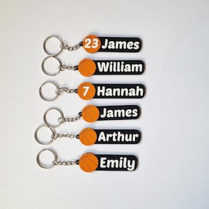 Può includere: Sei portachiavi a forma di pallacanestro neri e arancioni con nomi e numeri. I nomi sono James, William, Hannah, James, Arthur ed Emily. I numeri sono 23, 7.
