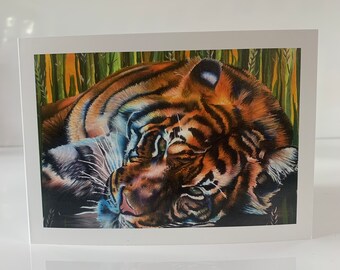 Tiger original art blank card, ideal for any occasion size 13cm by 18cm, high quality print sustainable card from original acrylic painting
