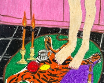good luck, babe, original oil pastel drawing on paper
