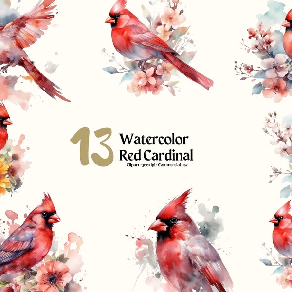 Watercolor Red Cardinal Clipart, High Quality JPGs, Nursery Art, Digital Download, Card Making, Cute Bird Clipart, Digital Paper Craft