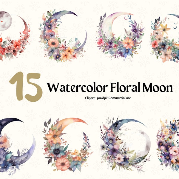 Watercolor Floral Moons Clipart, Floral , Crescent Moons with Flowers, Watercolor PNG format instant download for commercial use