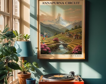Annapurna Circuit Art Print - Gouache Hand-Painted, Blue Peach Pink