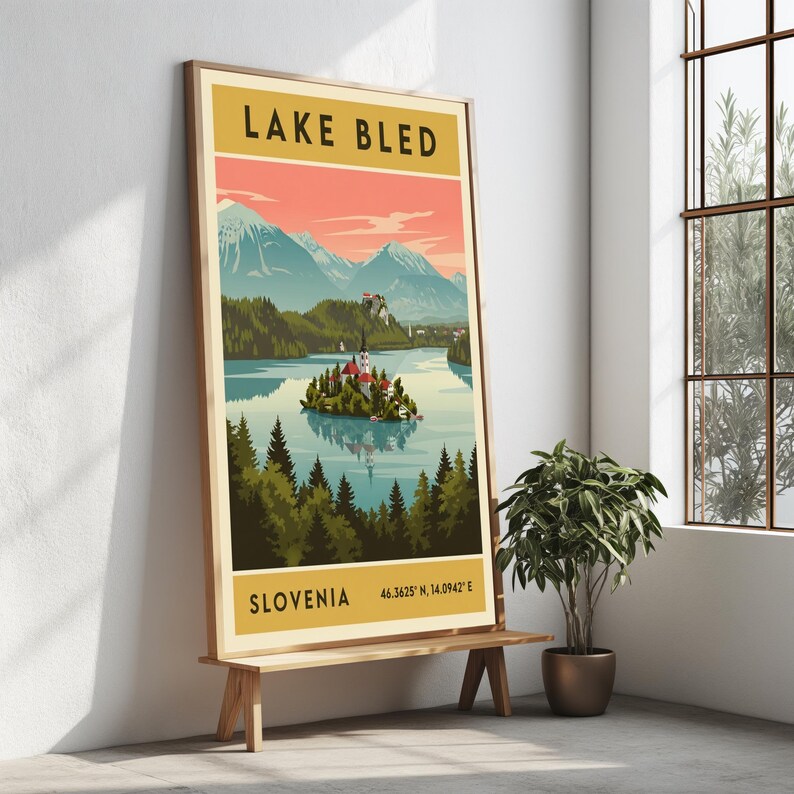 Lake Bled Slovenia Poster – Retro Travel Art, Mid-Century Style image 4