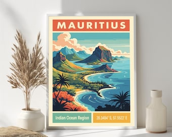 Lámina artística de la costa de Mauricio: póster de viaje retro de mediados de siglo
