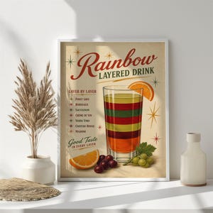 May include: A framed vintage-style print showcasing a layered rainbow drink illustration. The artwork includes a detailed diagram of the drink's layers, ingredients, and the text "Rainbow Layered Drink". Garnishes include orange slices and grapes.