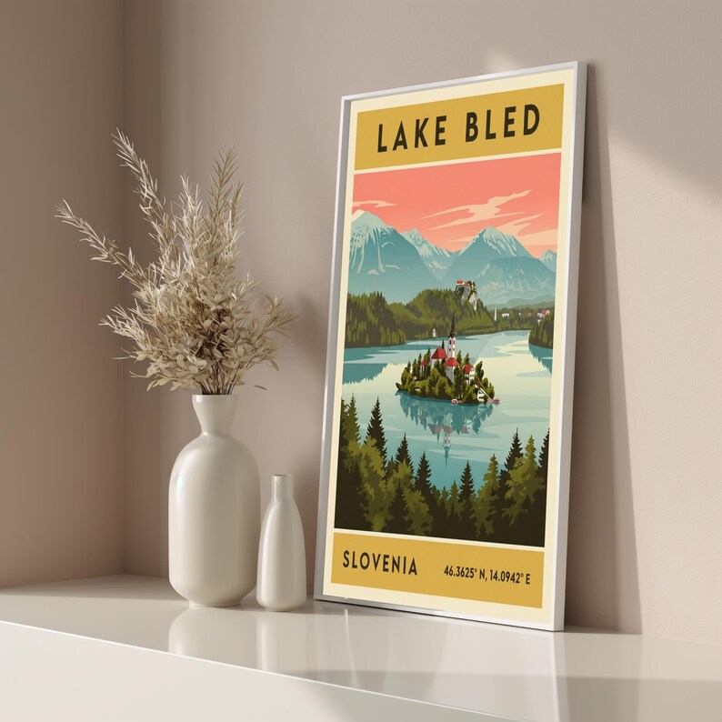 Lake Bled Slovenia Poster – Retro Travel Art, Mid-Century Style image 2