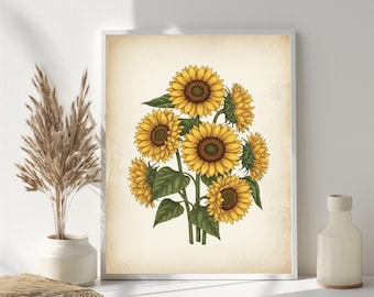 Vintage Sunflower Bouquet Print: Yellow & Green Botanical Illustration