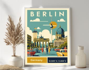 May include: A framed art print featuring a vintage travel poster design of Berlin, Germany. The artwork showcases iconic landmarks like the Brandenburg Gate and the TV Tower, with classic cars and figures. The print includes the text "BERLIN", "Germany", and coordinates.