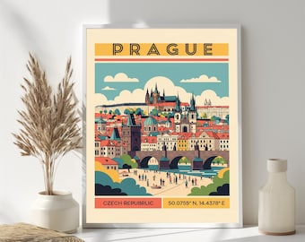 Impression du pont Charles de Prague : affiche de voyage moderne Mid-Century