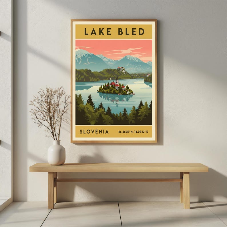 Lake Bled Slovenia Poster – Retro Travel Art, Mid-Century Style image 5