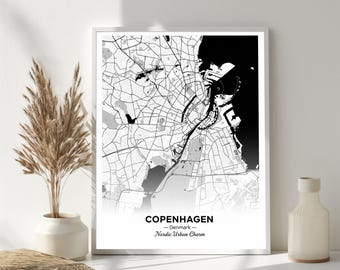 Stampa artistica di Copenaghen – Fascino urbano nordico, mappa della città in bianco e nero, minimalista
