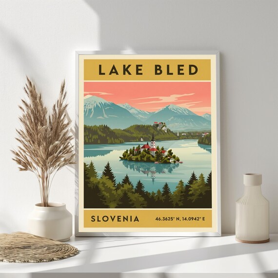 Lake Bled Slovenia Poster – Retro Travel Art, Mid-Century Style