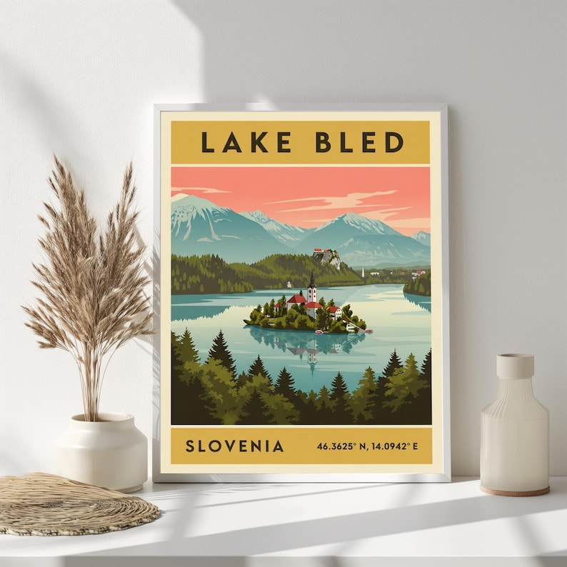 Lake Bled Slovenia Poster – Retro Travel Art, Mid-Century Style image 1