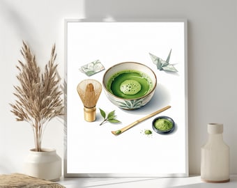 Matcha Tea Art Print: Japanese Minimalist Watercolor Kitchen Decor
