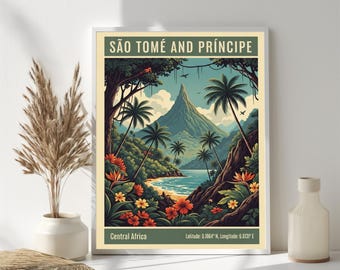 São Tomé Mountain Landscape Poster – Mid-Century Modern Tropical Art