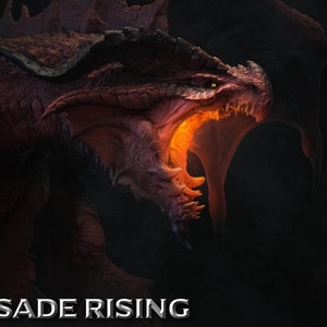 以下が含まれることがあります： 暗い背景に、オレンジ色の光る目をした赤いドラゴンが口を開けています。ドラゴンの下に「CRUSADE RISING」という文字が表示されています。