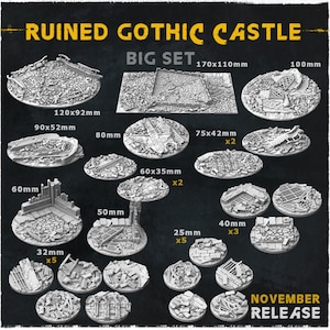 BASES - Ruined Gothic Castle themed Medieval ruins bases for wargames and tabletop twelve sizes available by zabavka workshop