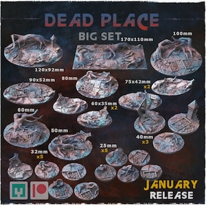 May include: A set of 10 different sized round resin bases for miniature wargaming. The bases feature a variety of ruined and overgrown textures, including cracked concrete, tree roots, and overgrown foliage. The bases are labelled with their dimensions in millimetres. The set includes a 170x110mm base, a 100mm base, a 120x92mm base, a 90x52mm base, an 80mm base, two 60x35mm bases, two 75x42mm bases, three 40mm bases, and five 25mm bases. The set is labelled "Dead Place Big Set" and "January Release".