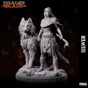 DNDDGL - Sildara - Female Elf with Wolf Companion - Silwer - miniature by PRIMALCollectibles for DnD Pathfinder Heroquest and other TTRPGS
