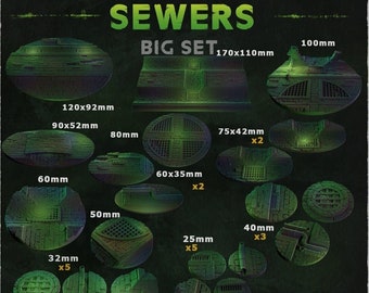 May include: A set of 10 sewer themed round gaming bases in various sizes, ranging from 32mm to 170mm. The bases are made of resin and feature a detailed sewer design with brickwork, grates, and pipes. The set includes a variety of sizes and quantities, including 5 bases that are 32mm in diameter, 5 bases that are 25mm in diameter, 3 bases that are 40mm in diameter, 2 bases that are 60x35mm, 2 bases that are 75x42mm, 1 base that is 80mm in diameter, 1 base that is 90x52mm, 1 base that is 120x92mm, 1 base that is 170x110mm, and 1 base that is 100mm in diameter. The bases are labeled with their dimensions and quantities. The set is labeled "SEWERS BIG SET" and "FEBRUARY RELEASE".