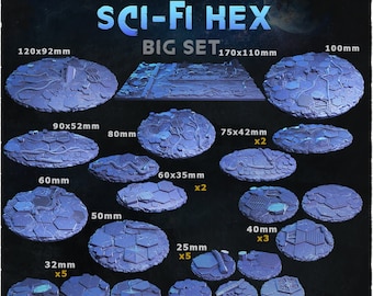 May include: A set of 10 sci-fi themed hexagonal bases for miniature wargaming. The bases are made of a textured, blue-grey plastic and range in size from 25mm to 170mm. The set includes a variety of sizes and quantities, including 5 bases that are 32mm in diameter, 5 bases that are 25mm in diameter, 3 bases that are 40mm in diameter, 2 bases that are 60x35mm, 2 bases that are 75x42mm, 1 base that is 80mm in diameter, 1 base that is 90x52mm, 1 base that is 100mm in diameter, and 1 base that is 120x92mm. The set is labeled "SCI-FI HEX BIG SET" and "MARCH RELEASE".