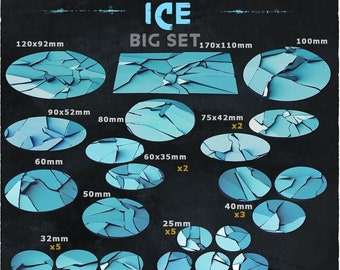 May include: A set of 10 different sized cracked ice themed gaming bases. The bases are made of a blue and white material and range in size from 25mm to 170mm. The bases are labeled with their size and quantity. The text "ICE BIG SET" and "DECEMBER RELEASE" is also visible.