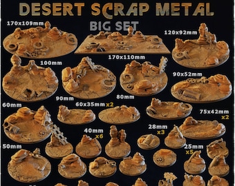 May include: A set of 12 desert-themed resin bases for miniature wargaming. The bases feature various sizes, from 25mm to 170mm, and include details like rocks, scrap metal, and tires. The bases are designed to create a desert wasteland setting.