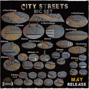 May include: A selection of miniature city street terrain pieces, including platforms, roads, and building fragments. The set includes pieces ranging from 2.5 cm to 17 cm in length, with yellow and white road markings. The text "CITY STREETS BIG SET" is visible.