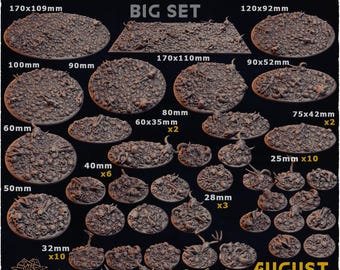 Puede incluir: Una colección de bases en miniatura marrones y texturizadas con temática de calaveras, en varias formas y tamaños. El conjunto incluye bases que van desde 25 mm hasta 170x110 mm, con el texto "FIELDS OF SKULLS" y "AUGUST RELEASE".
