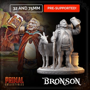Peut inclure: Une miniature imprimée en 3D d'un personnage fantastique tenant une tasse et un bâton, debout à côté d'une chèvre. La miniature est grise et est pré-supportée pour l'impression 3D. La miniature mesure 32 mm et 75 mm. La miniature s'appelle Bronson.