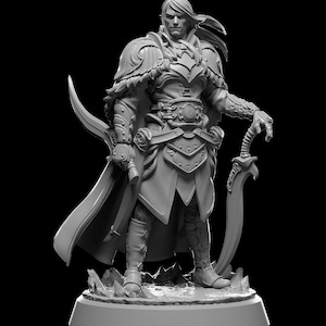 Op de afbeelding: Een grijs 3D-geprint miniatuur van een fantasyfiguur. De figuur draagt ​​een harnas en houdt een zwaard en een dolk vast. De figuur staat op een basis met een rotsachtige textuur.