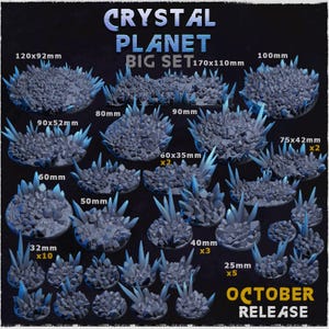 May include: A collection of crystal formations in various sizes, labeled as the "Crystal Planet Big Set." The set includes multiple pieces, with dimensions ranging from 25mm to 170x110mm. The crystals are a mix of gray and blue, with the text "October Release."