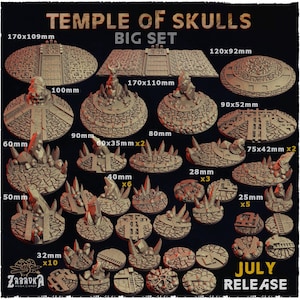 May include: A set of 12 different sized round, textured, brown resin bases for miniature figures. The bases feature skulls and bones. The bases are labelled with their dimensions in millimetres. The set is called "Temple of Skulls Big Set" and is a July release.