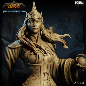 May include: Aella, a female character from the Uncharted Kingdoms: The Shining Flow board game, is depicted in a detailed, painted miniature. She wears a crown and ornate clothing, holding a glowing orb in her hand.