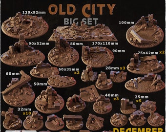 May include: A set of 10 different sizes of ruined city bases for tabletop gaming. The bases are made of resin and feature various textures and details, including broken bricks, rubble, and wooden planks. The bases are labeled with their dimensions in millimeters. The set includes 10 bases that are 32mm in diameter, 3 bases that are 40mm in diameter, 5 bases that are 25mm in diameter, 2 bases that are 60x35mm, 3 bases that are 28mm in diameter, 2 bases that are 75x42mm, 1 base that is 90mm in diameter, 1 base that is 170x110mm, 1 base that is 80mm in diameter, 1 base that is 90x52mm, 1 base that is 120x92mm, and 1 base that is 100mm in diameter. The set is labeled "Ruins of the Old City Big Set" and "December Release".