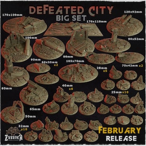 May include: A collection of miniature terrain pieces for tabletop gaming, featuring a "Defeated City" theme. The set includes various sizes and shapes of ruined buildings and debris, with dimensions ranging from 25mm to 170mm. The February release is from Zabavka.